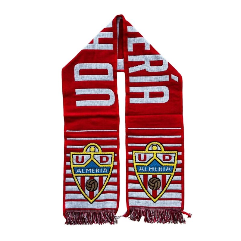 Bufanda oficial UD Almería franjas rojas y blancas con escudos bordados