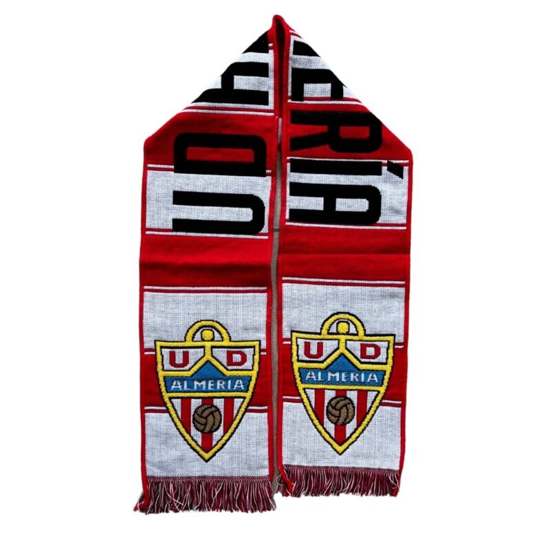 Bufanda oficial UD Almería con franjas rojas y blancas y escudos bordados
